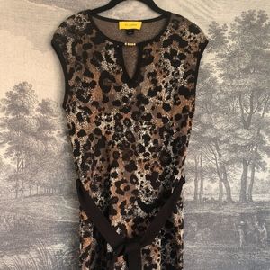 St. John Brown Animal Print Knitted Belted Dress